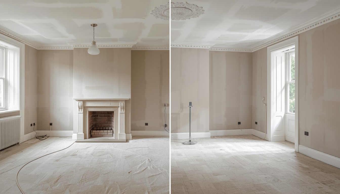 Before and after of an Edwardian house living room drylining in Salford