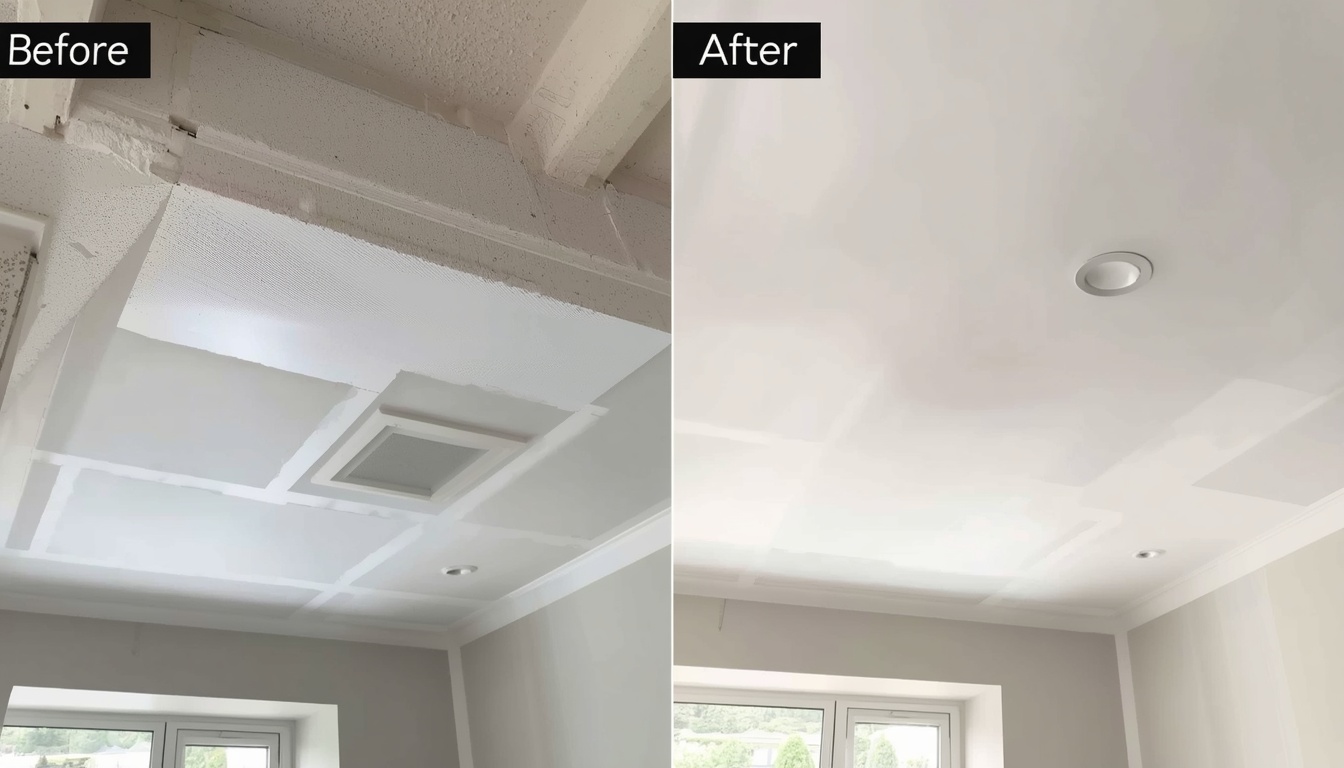 Before and after of a new-build suspended ceiling installation in Salford