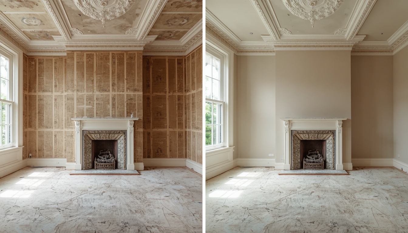 Before and after of a Victorian living room re-plaster in Broughton Salford